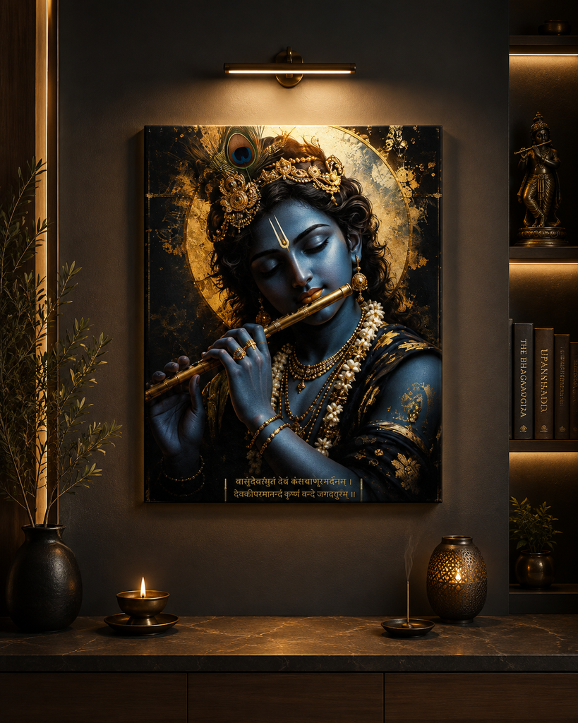 Premium Shri Krishna Golden Flute Canvas Wall Art (16x20 Inch) - 009