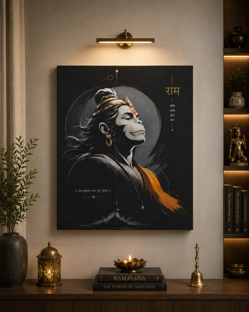 Premium Lord Hanuman Black & Gold Canvas Wall Art (16x20 Inch) - 013