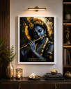 Premium Shri Krishna White Framed Wall Art A3 | Luxury Golden Flute Artwork - 013