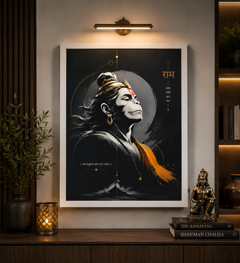 Premium Lord Hanuman White Framed Wall Art (A3) | Black & Gold Spiritual Artwork - 014