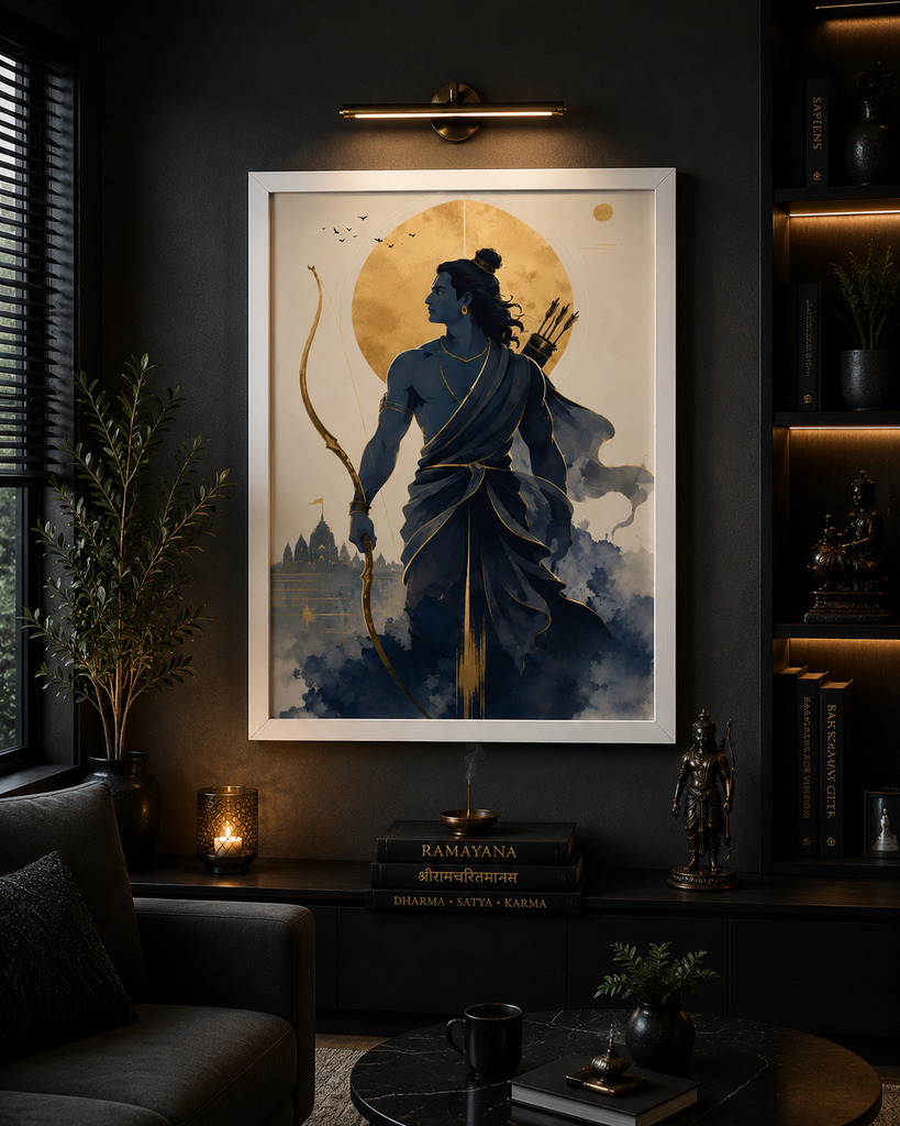 Premium Lord Rama White Framed Wall Art (A3) | Royal Blue & Gold Spiritual Artwork - 015