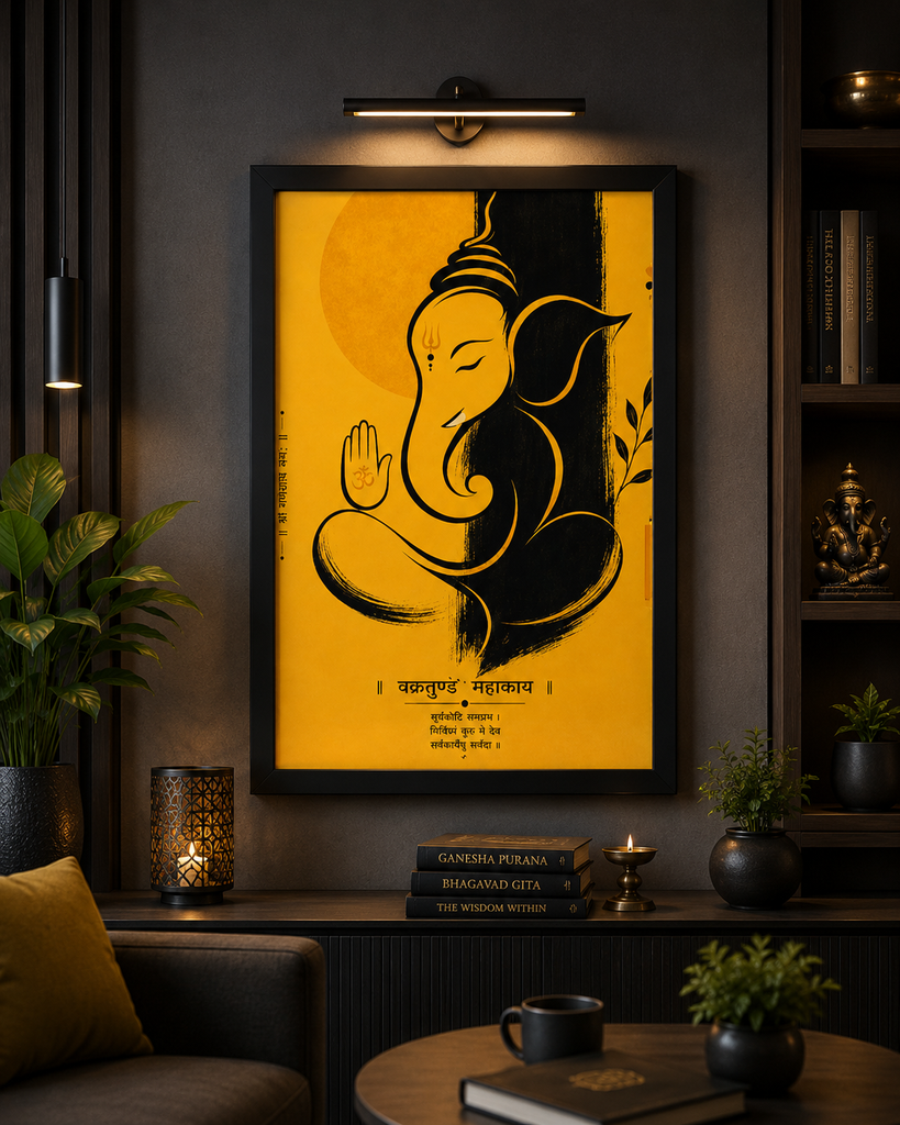 Premium Lord Ganesha Black Framed Wall Art (A3) | Modern Mustard Yellow Spiritual Artwork - 016