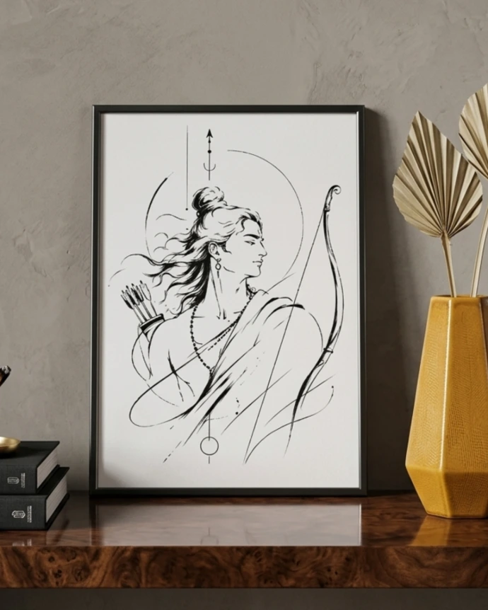 Divine Precision – Minimalist Lord Rama A4-sized Line Art Framed Poster - 999